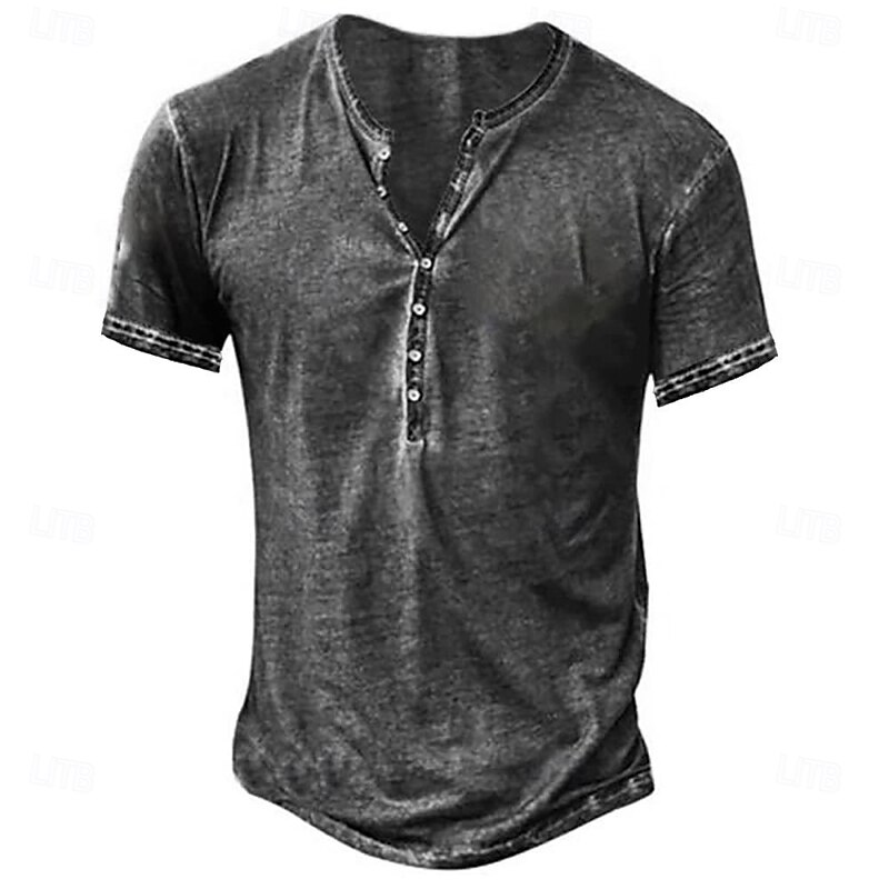 Men's Henley Shirt Tee Top Long Sleeve Shirt Short Sleeve Plain Vintage Fashion Basic Washed Henley Vacation Street Going out Summer Dark Brown Dark Grey Light Grey Henley T-Shirt
