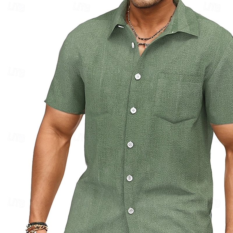Men's Solid Color Linen Shirt Summer Shirt Button Up Shirt Short Sleeve Fashion Casual Vacation Holiday Beach Wear Summer Spring Turndown Collared Shirts Front One Pocket Green2