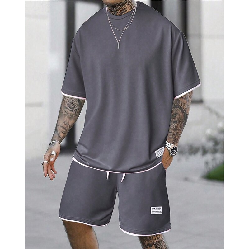 Men's Workout Set Tracksuit T shirt & Shorts Set Outfit Set Crew Neck Outdoor Daily Sports Pocket Drawstring 2 Piece Plain Light Green Pink Red Polyester Activewear Classic Casual Summer4