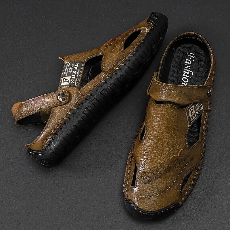 Men's Olive Green Leather Sandals with Adjustable Strap, Perforated Detailing, and Comfortable Sole – Perfect for Casual Wear, Outdoor Activities and Summer Adventures3