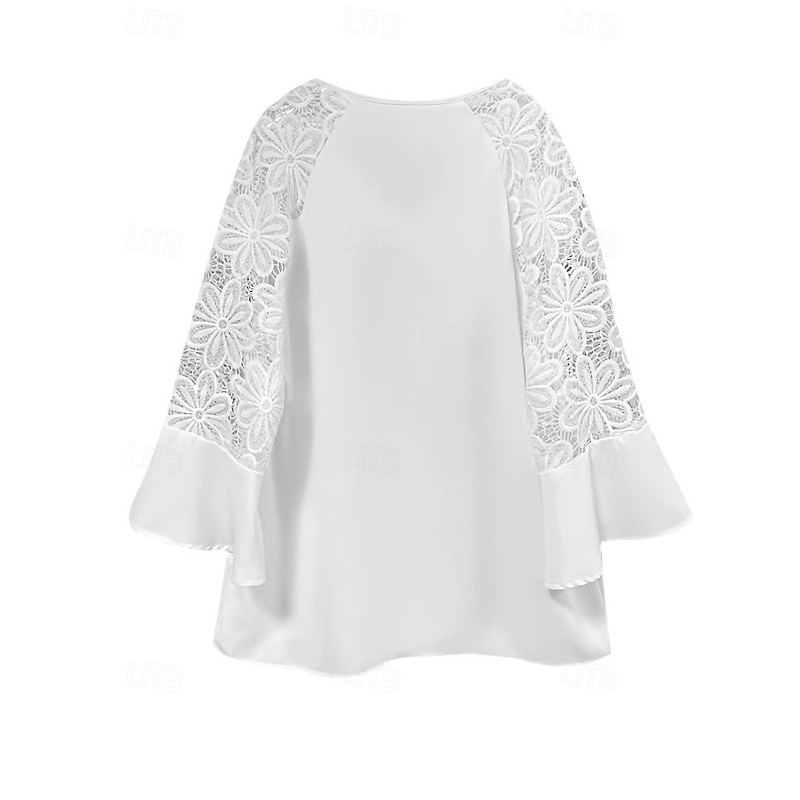 Women's Shirt Blouse Solid Color Basic Casual Half Sleeve Crew Neck Regular Tops Wedding Guest Work Daily Lace White Summer Spring2