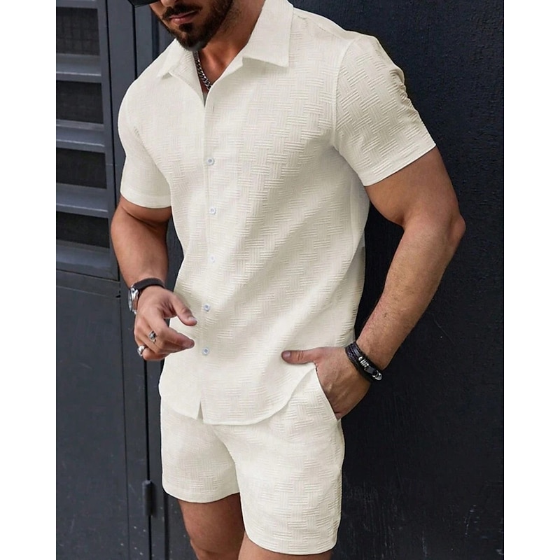 Men's T-shirt Suits 2 Pieces Outfits Tee & Shorts Short Sleeve Lapel Summer Plain Fashion Casual 2 Piece Jacquard Vacation Daily Wear Going out Black White Pink Top Tee for Men4