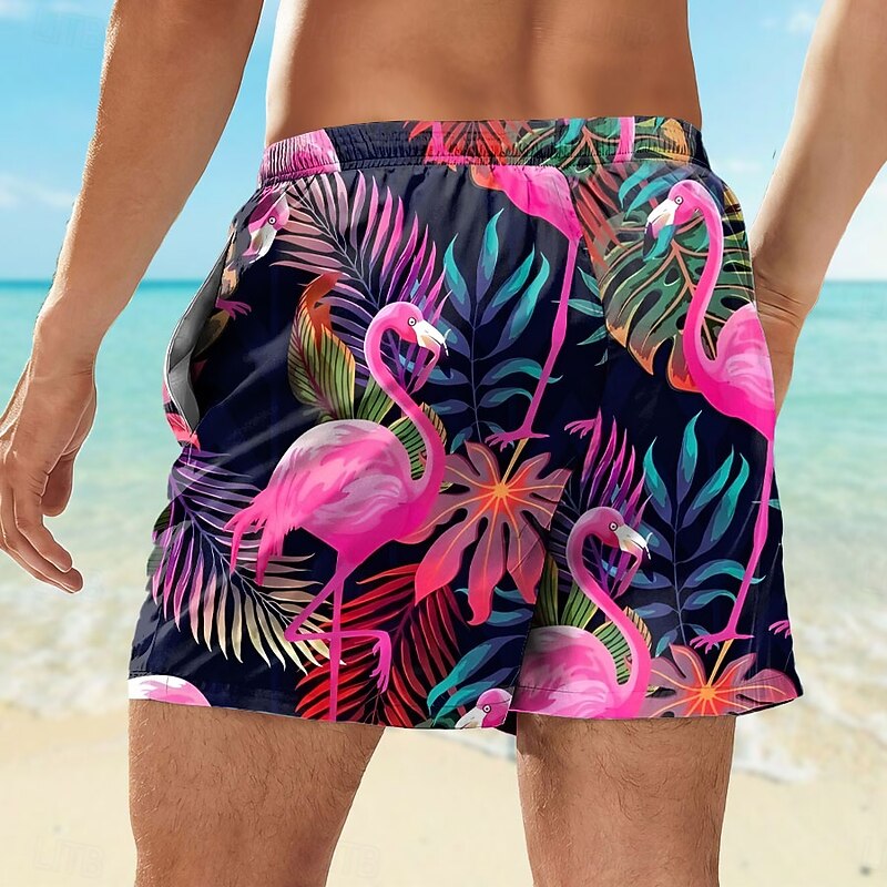 Men's Flamingo Tropical Plants Swim Trunks Swim Shorts Board Shorts Mid Waist Streetwear Hawaiian Casual Holiday Beach Vacation Wear Pocket Drawstring Elastic Waist Designer Clothing Apparel2