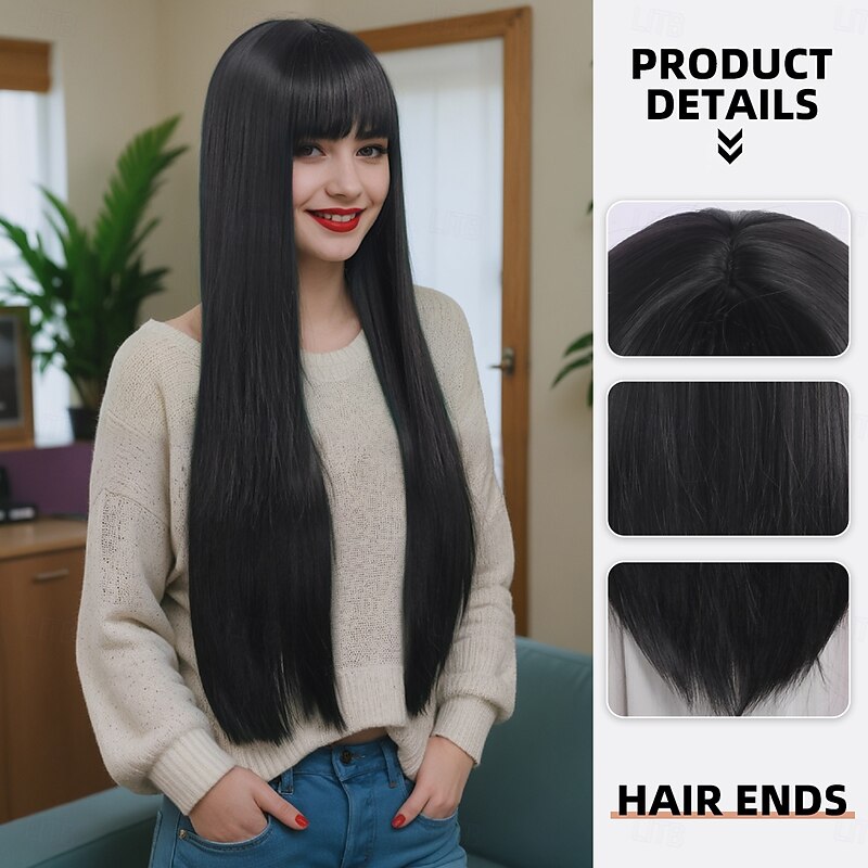 Synthetic Wig kinky Straight Yaki Straight Layered Haircut With Bangs Machine Made Wig 32 inches A1 Synthetic Hair Women's Classic Comfortable Color Gradient Black2