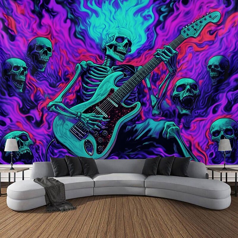 Halloween Blacklight Tapestry Glow in the Dark Glow Party UV Reactive Trippy Misty Guitar Skull Hanging Tapestry Wall Art Mural for Living Room Bedroom4