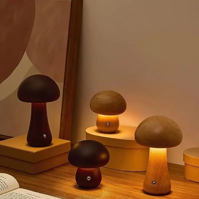 Dimmable LED Mushroom Table Lamp Touch Wooden Office Lamp USB Rechargeable Night Light Bedroom Home Cafe Office Decoration Birthday Gift2