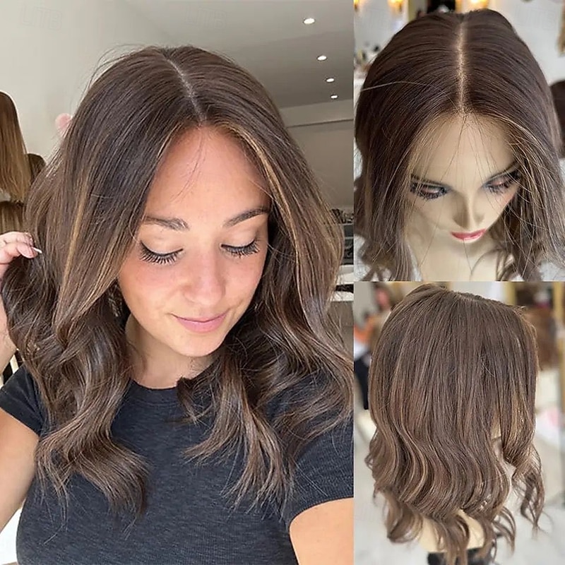 Remy Human Hair 5x5 Closure 13x4 Lace Front Wig Short Bob Brazilian Hair Wavy Light Brown Wig 130% 150% Density with Baby Hair Highlighted / Balayage Hair Glueless Pre-Plucked For Women Short Human2