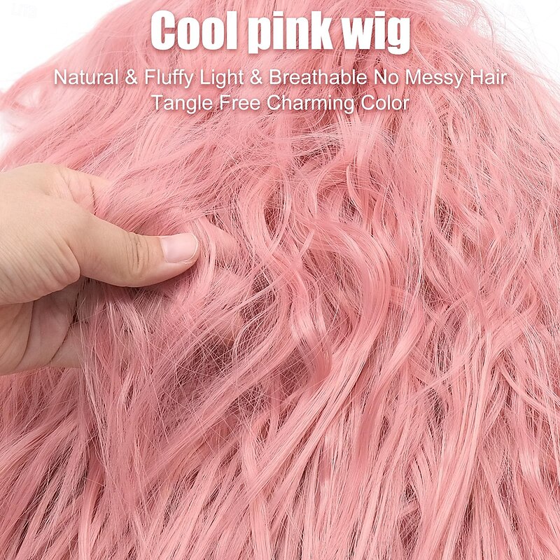 Pink Wig for Women Pink Bob Wig with Bangs, Light Pink Short Wavy Wigs for Costume Cosplay4