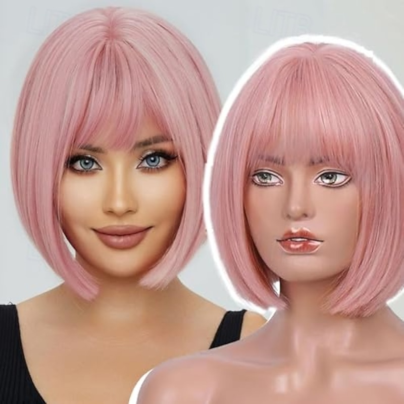 Bob Wig with Bangs Short Bob Wigs for Women Short Blonde Wig with Dark Roots Heat Resistant Synthetic Wig Natural Looking for Daily Use Party and Cosplay2