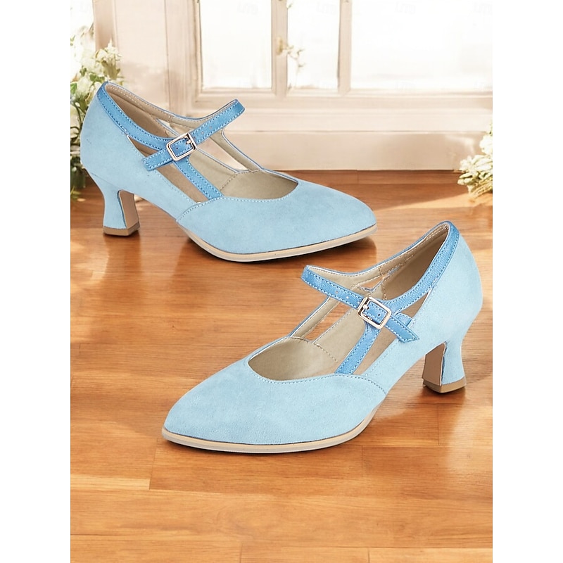 Women's Vintage Blue T-Strap Mary Jane Heels – Suede Mid Heel Pumps with Buckle Closure for Retro, Formal & Daily Wear4