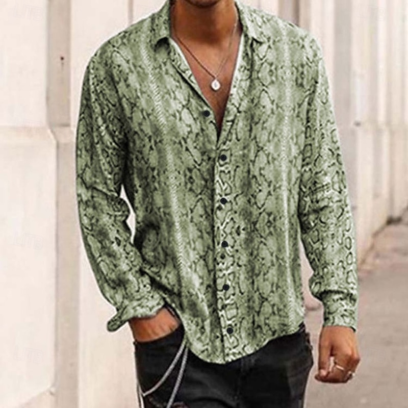 Men's Snake Print Shirt Aloha Shirt Long Sleeve Vintage Fashion Designer Outdoor Casual Daily Spring &  Fall Collar Button-Down Blue Green Gray3