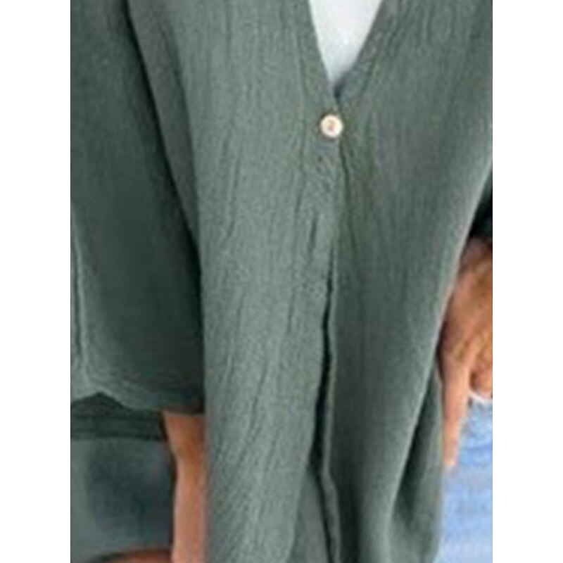 Women's Shirt Linen-Inspired Shirts Button Up Blouse Solid Color Stylish Casual Long Sleeve V Neck Regular Tops Daily Buttons Pocket Black Orange Green Beige Spring Fall4