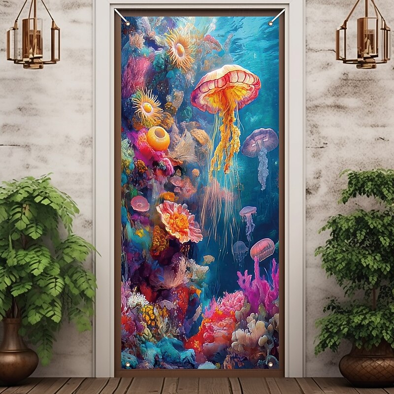 Blacklight Door Decorations Door Covers Glow in the Dark Ocean Jellyfish Door Tapestry Door Curtain Decoration Backdrop Indoor/Outdoor Door Banner for Front Door Farmhouse3