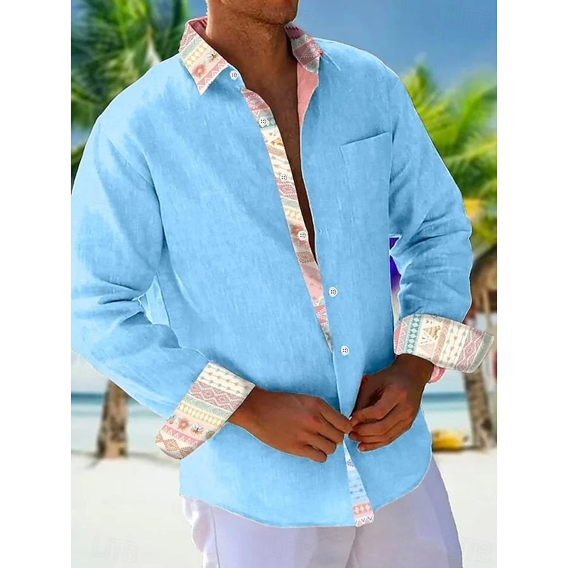 Men's Shirt Summer Shirt Casual Shirt Beach Shirt Button Up Shirt White Pink Sky Blue Orange Long Sleeve Plain Pattern Lapel Vacation Hawaiian Button-Down Clothing Apparel Polyester Fashion Casual