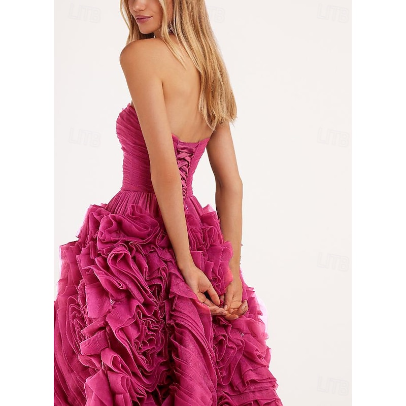 Beach Wedding A-Line Prom Dresses Floral Dress Wedding Guest Quinceanera Ankle Length Sleeveless Strapless Tulle Backless with Ruched3