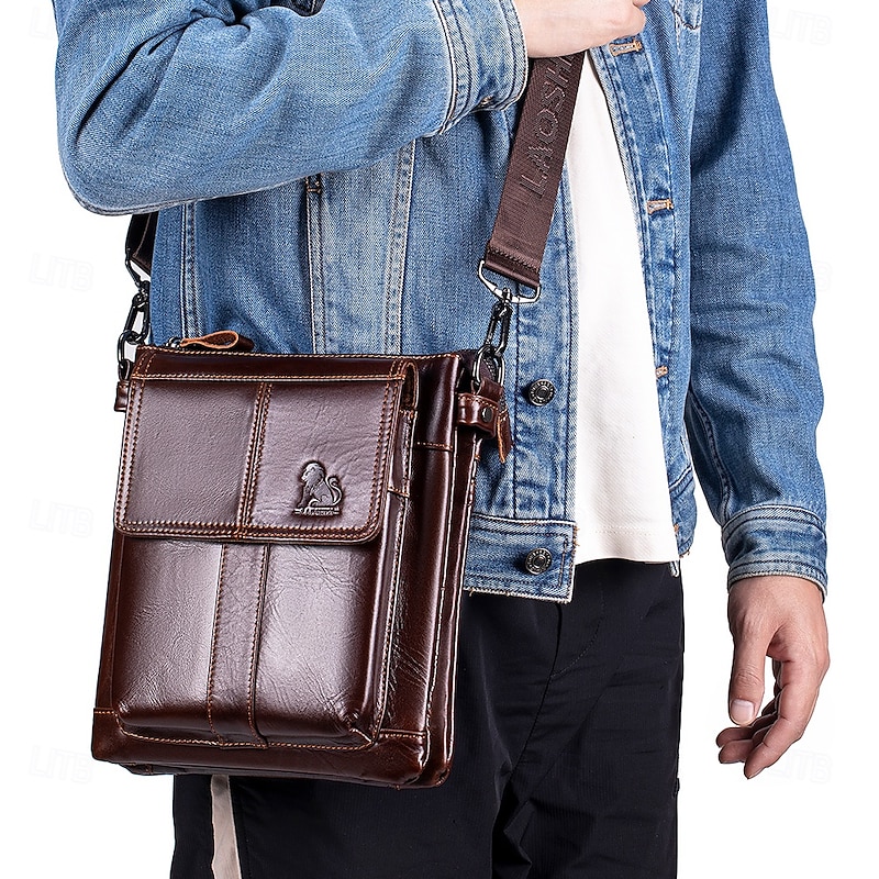 Men's Crossbody Bag Cowhide Daily Zipper Solid Color Black Brown Coffee2