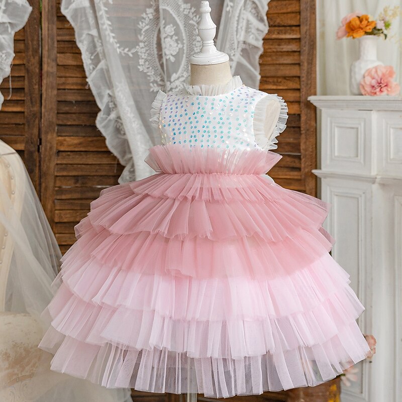 Flower Girl Dress Girls' Princess Dress Party Dress Wedding Special Occasion Princess Sequins Solid Color Sleeveless Crew Neck Pink Blue 3-12 Years2