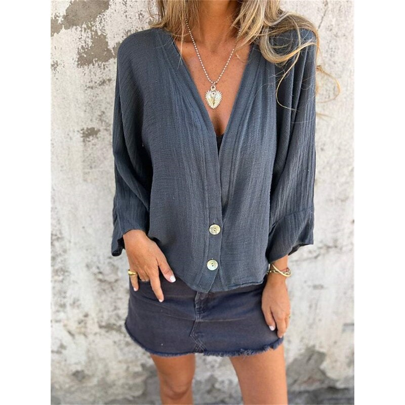 Women's Linen-Inspired Shirts Button Up T Shirt Plain Fashion Modern Casual Long Sleeve V Neck Regular Tops Daily Weekend Patchwork Buttons Sage Green Yellow off-white Gray Spring Fall