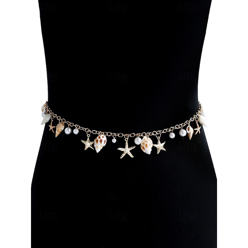 Women's Beach Waist Chain – Gold Starfish & Shell Charm Body Jewelry with Pearl Accents for Summer, Vacation and Swimwear Accessory4
