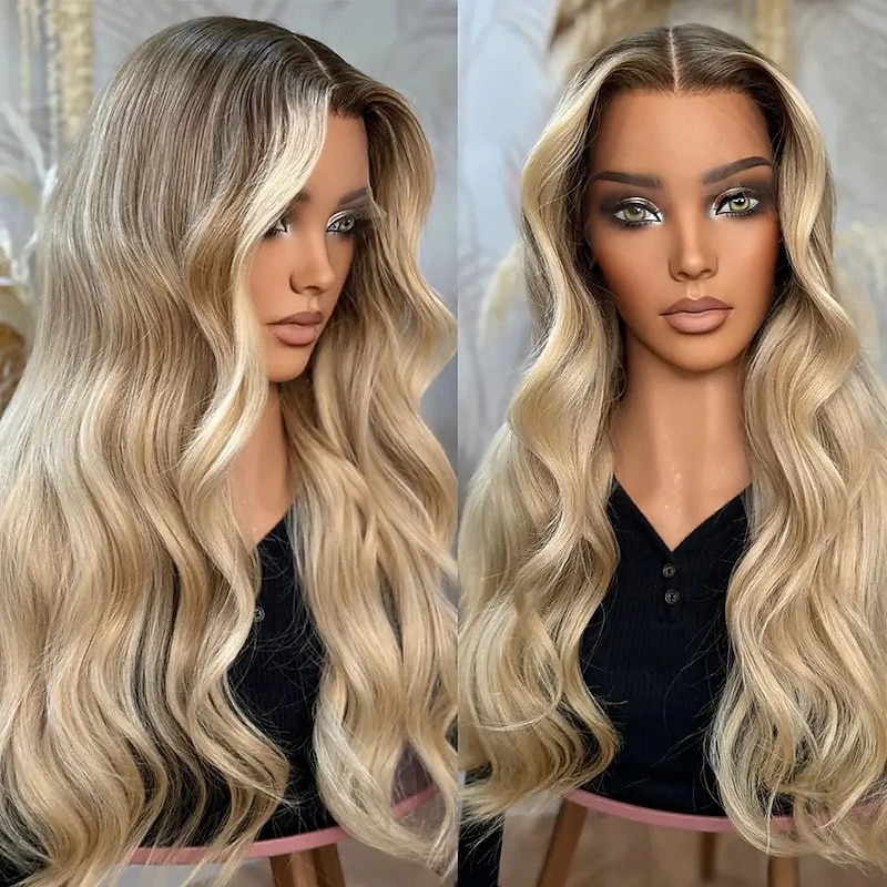 Brazilian Remy Hair Ash Blonde Highlight Ombre Glueless 5x5 Lace Closure Wigs Body Wave Lace Front Wig Natural Hairline Pre-Plucked For Women