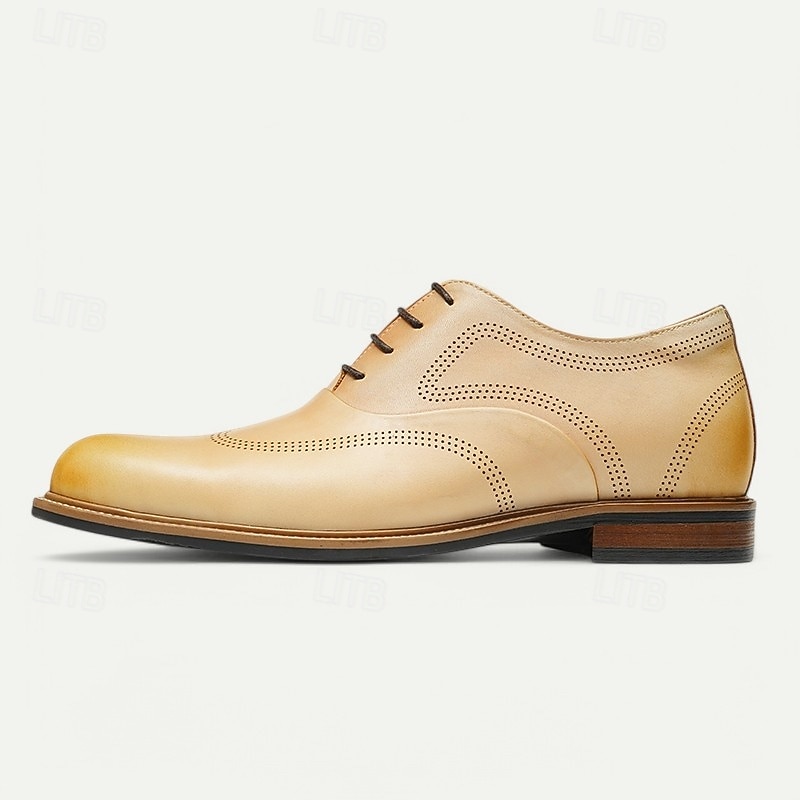 Men's Beige Premium Cowhide Lace-Up Brogue Shoes with Perforated Detailing, Formal Style for Weddings and Business Events4
