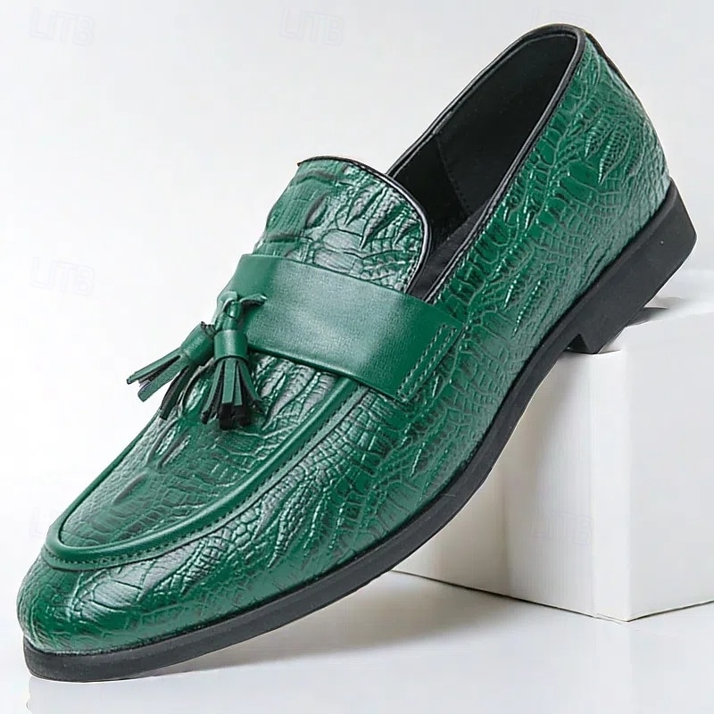 Men's Green Faux Leather Loafers with Crocodile Embossed Detailing - Stylish Casual Shoes for Everyday Wear, Comfortable and Trendy for Men