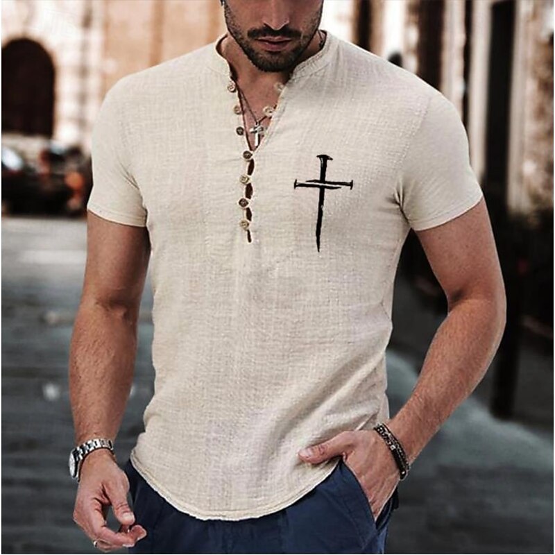 Men's Shirt Popover Shirt Summer Shirt Casual Shirt Beach Shirt Button Up Shirt Wine khaki Gray Short Sleeve Classic Cross Band Collar Henley Vacation Hawaiian Buckle Clothing Apparel Fashion Casual