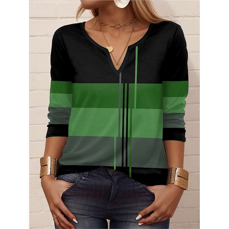 Women's T Shirt Geometric Striped Casual Long Sleeve Notched Neck Regular Tops Daily Print Black Blue Purple Green Summer Spring Fall4