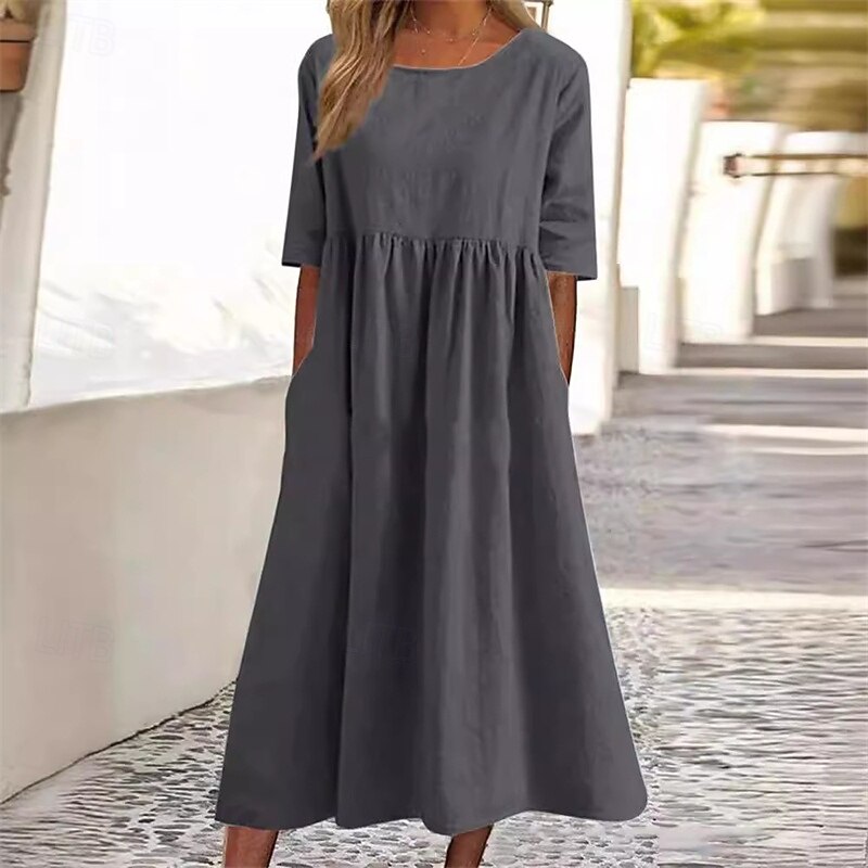 Women's Midi Dress Linen-Inspired Dresses Casual Dress Cotton Linen Dress A Line Dress Stylish Casual Vacation Daily Date Regular Fit Plain Short Sleeve Crew Neck Black Army Green Dark Gray Summer4