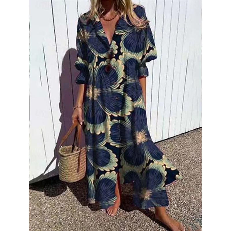 Women's Maxi Dress Shirt Dress Casual Dress Stylish Casual Vacation Daily Regular Fit Floral 3/4 Length Sleeve Shirt Collar Red Navy Blue Summer