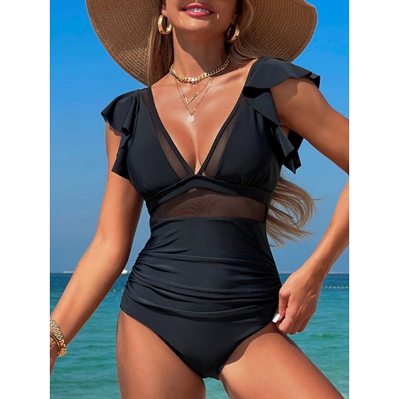 Women's Swimsuits One Piece Monokini Swimsuit Ruffle Backless Tummy Control High Waist Slim Vacation Beach Wear Solid Color V Neck Sleeveless Bathing Suits