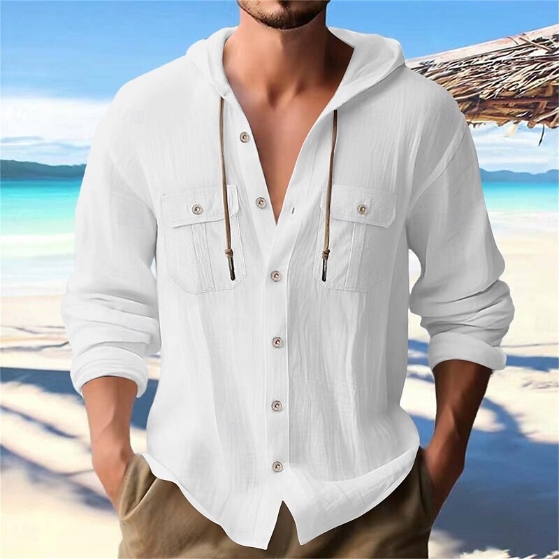 Men's Shirt Linen Shirt Summer Shirt Beach Shirt Plain Vacation Casual Black White Navy Blue Blue Long Sleeve Band Collar Spring & Summer Clothing Apparel3