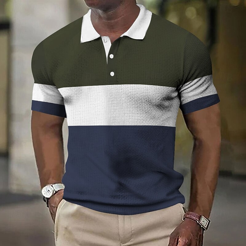 Men's Horizontal Stripes Rugby Polo Short Sleeve Polo Shirts Collared Shirts Business Casual School Formal Dailywear Business Buttons 3D Print Summer Dark Brown Dark Green Dark Blue2