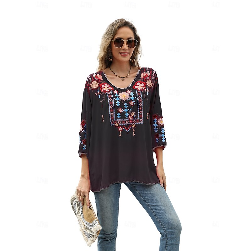 Women's Boho Shirt Solid Color Floral Bohemia Daily Luxurious 3/4 Length Sleeve Elbow Sleeve Crew Neck Regular Tops Work Daily Going out Embroidered Black Yellow Rose Pink Summer3