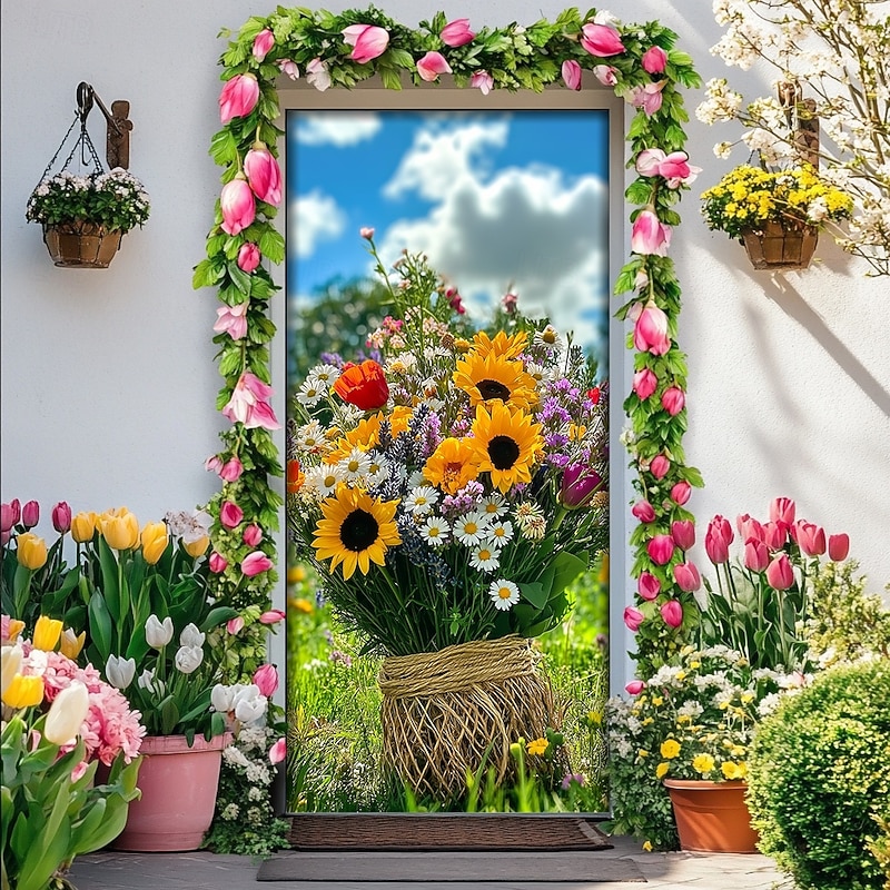 Landscape Door Decorations Door Covers Bunch of Flowers Door Tapestry Door Curtain Decoration Backdrop Indoor/Outdoor Door Banner for Front Door Farmhouse