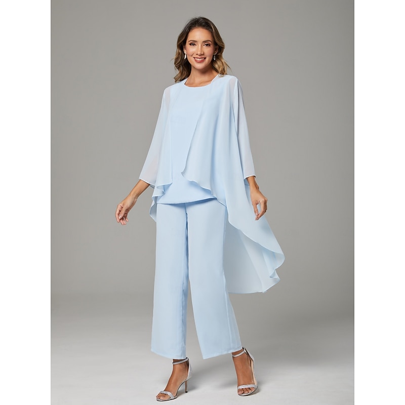 Pantsuit 3 Piece Mother of the Bride  Wedding Guest Elegant Plus Size Bateau Neck Floor Length Chiffon Sleeveless Wrap Included with Solid Color