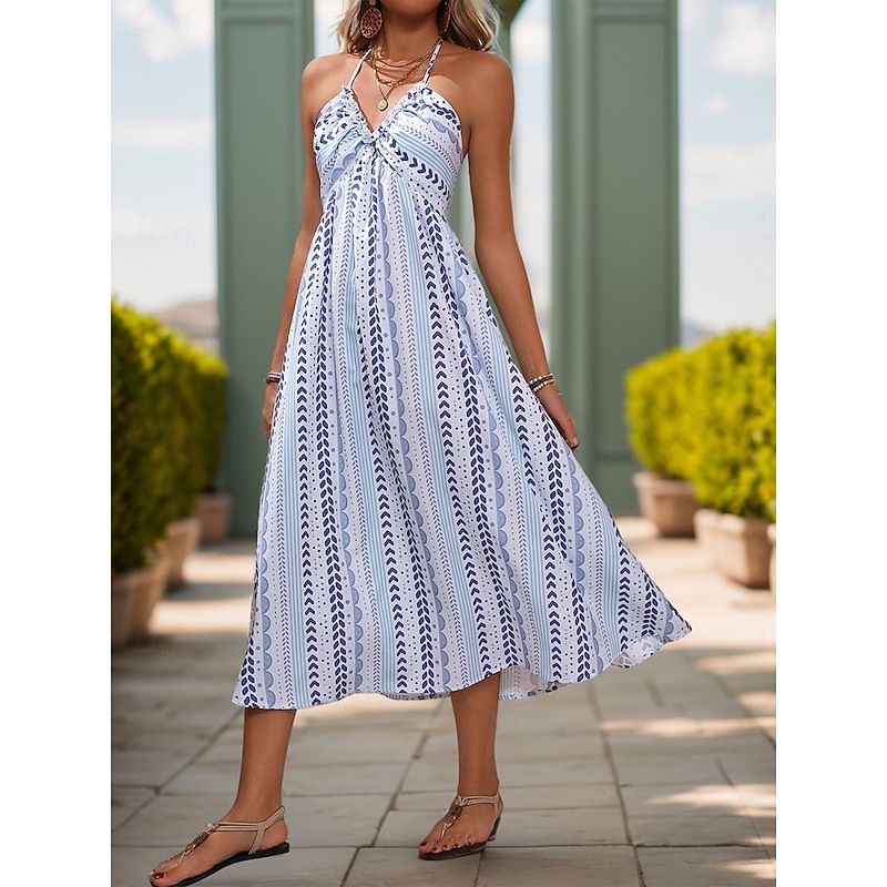 Women's Midi Dress Casual Dress Slip Dress Stylish Casual Vacation Daily Regular Fit Geometric Sleeveless Strap Blue Summer4