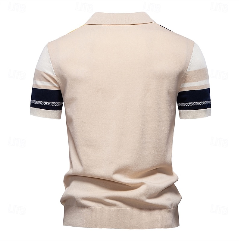 Men's Polo Knit Polo Sweater Formal Work Turndown Short Sleeve Striped Vertical Stripes Stripe-Trim Stripe Spring Beige Polo2