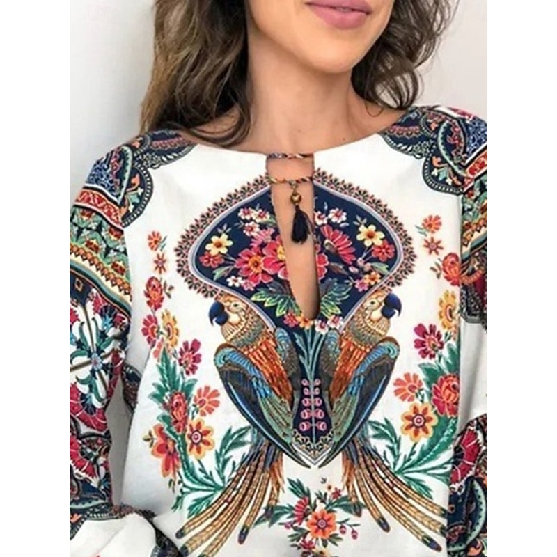Women's Shirt Blouse Floral Bohemia Retro Vintage Casual Long Sleeve Crew Neck Regular Tops Daily Print White Pink Summer Spring3