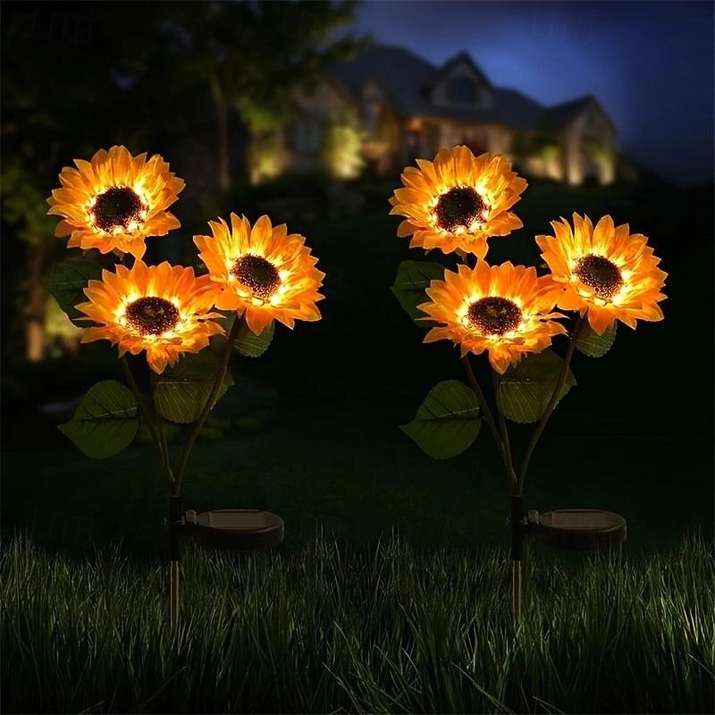 2 Pcs outdoor solar powered 3 head sunflower simulation flower ground plug-in lamp courtyard garden lawn path wedding Valentine's Day holiday atmosphere decoration ground plug-in lights
