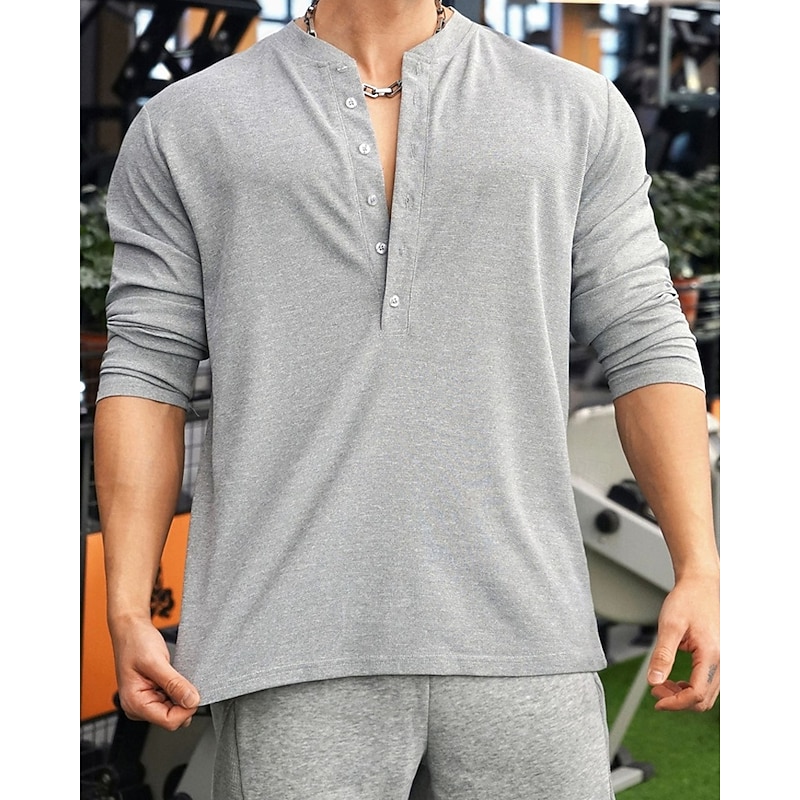 Men's Button T Shirt T Shirt Henley Shirt Tee Long Sleeve Henley Spring Fall Plain Fashion Designer Basic Buttons Vacation Street Going out Black Navy Blue Light Grey Top Tee for Men2