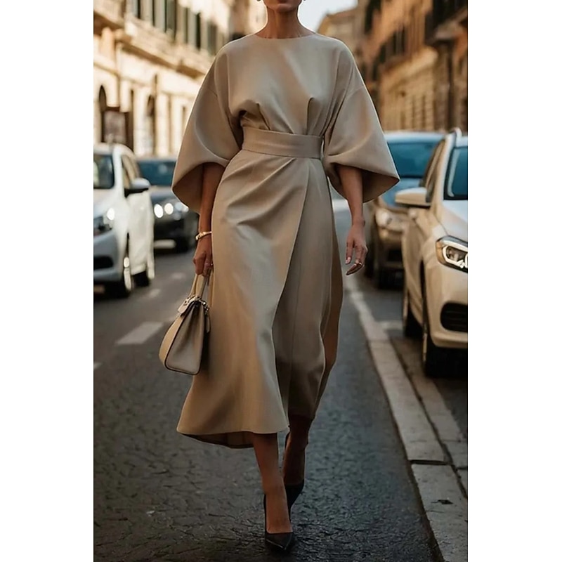 Women's Long Dress Maxi Dress Maxi Dress Elegant Dress Elegant Batwing Sleeve Regular Fit Solid Color 3/4 Length Sleeve Crew Neck Black Wine Purple Brown Fall