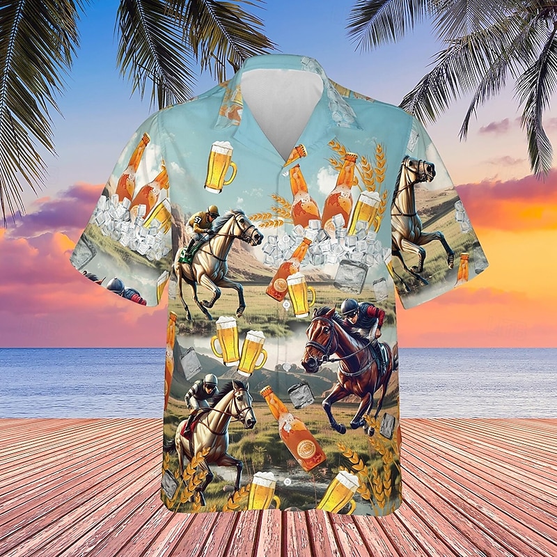 Kentucky Derby Men's Beer Horse Racing Shirt Cuban Collar Shirt Short Sleeve Vintage Retro Vacation Holiday Festival Summer Spring Camp Collar Shirt 3D Print Funny Kentucky Derby Shirts Light Blue