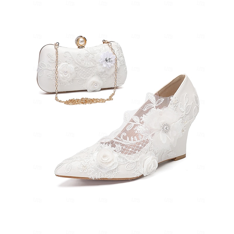 White Lace Wedding Shoes with Floral Embellishments, Pointed Toe, Elegant High Heel Design, Perfect for Bridal and Formal Occasions3