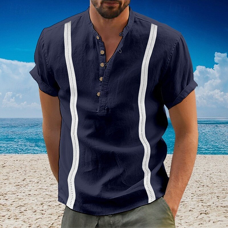Men's Shirt Popover Shirt Summer Shirt Casual Shirt Beach Shirt Button Up Shirt White Navy Blue Blue Green Short Sleeve Boho Paisley Damask Band Collar Henley Vacation Hawaiian Buckle Clothing Apparel3