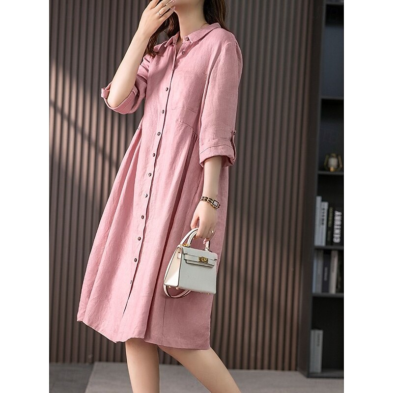 Women's Midi Dress Casual Dress Cotton Linen Dress A Line Dress Basic Casual Vacation Daily Regular Fit Plain 3/4 Length Sleeve Shirt Collar Pink Green Summer Spring Fall4