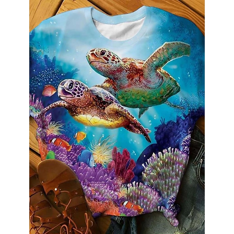 Women's T Shirt Ocean Sea Turtle Tropical Hawaiian Casual Short Sleeve Round Neck Regular Tops Daily Going out Beach Wedding Print Blue Summer