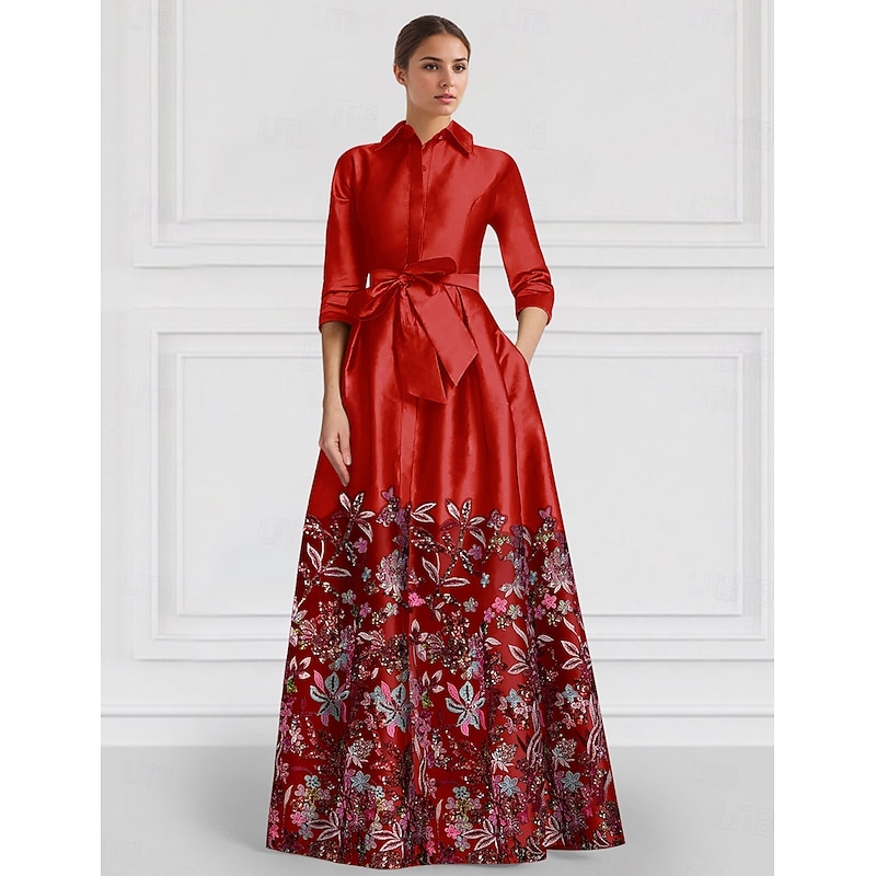 Floral Embroidered Mother of the Bride A-Line Satin Evening Gown Elegant Dress Formal Wedding Floor Length Half Sleeve Shirt Collar4