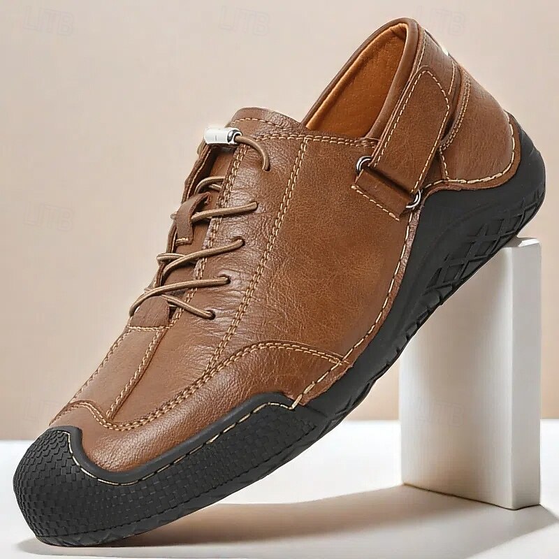 Men's Brown Faux Leather Slip-On Shoes with Adjustable Strap and Rubber Sole – Stylish Casual Sneakers for Daily Wear