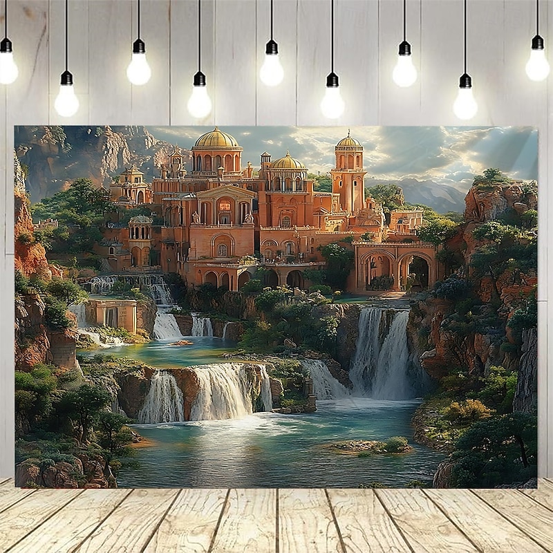 A Castle house plants lake water waterfall  Landscape Tapestry Wall Art Large Tapestry Mural Decor Photograph Backdrop Blanket Curtain Home Bedroom Living Room Decoration2